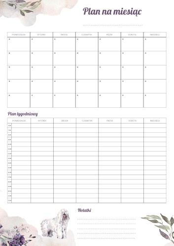 Planer ścienny miesięczny i tygodniowy Komondor Violet