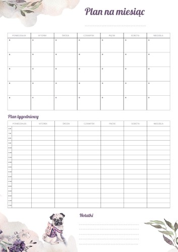 Planer ścienny miesięczny i tygodniowy Mops Violet