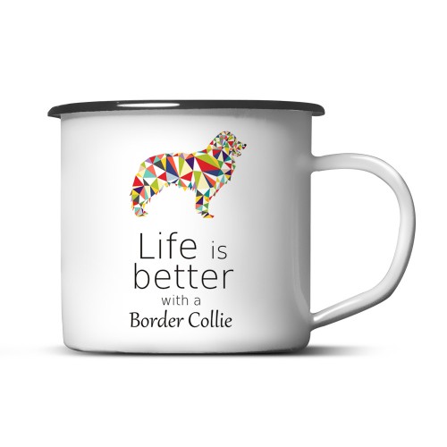 Kubek emaliowany Border Collie z nadrukiem Origami Biały