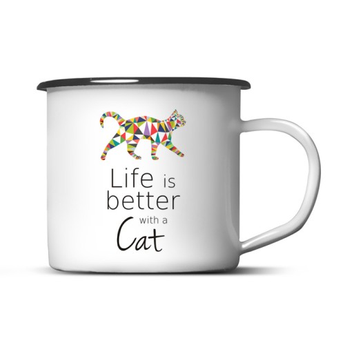 Kubek emaliowany Kot z nadrukiem Origami Biały